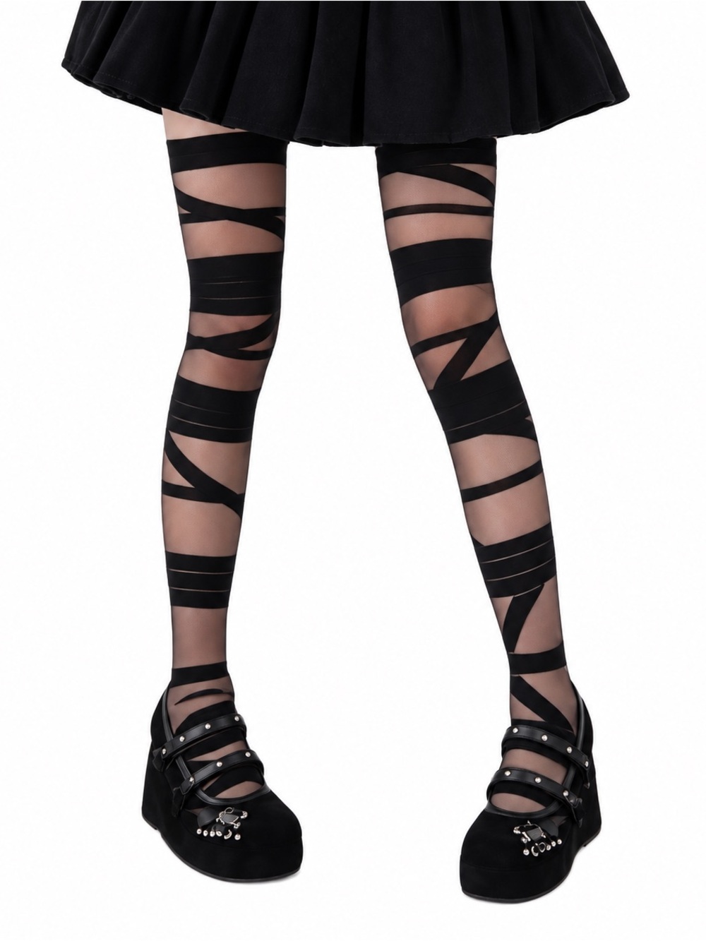 Black Strappy Thigh High Stockings Sheer Mesh Goth Punk Festival